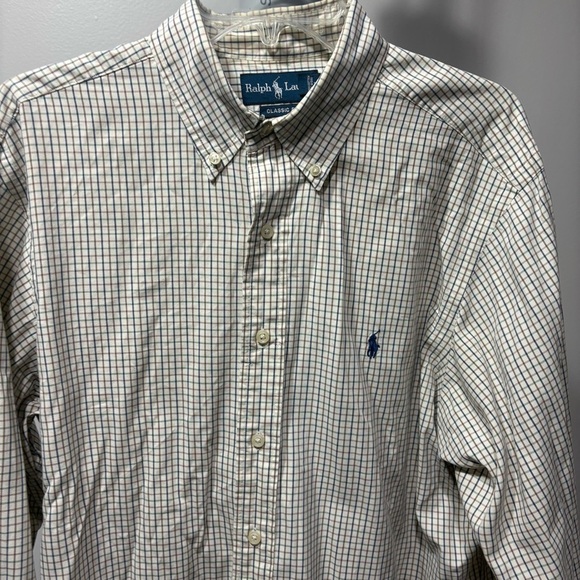 Ralph Lauren Classic Fit Long Sleeve Button Shirt Beige Navy Check Sz L 16.5 - Picture 6 of 9